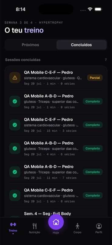 App do atleta com sessões concluídas e volume executado