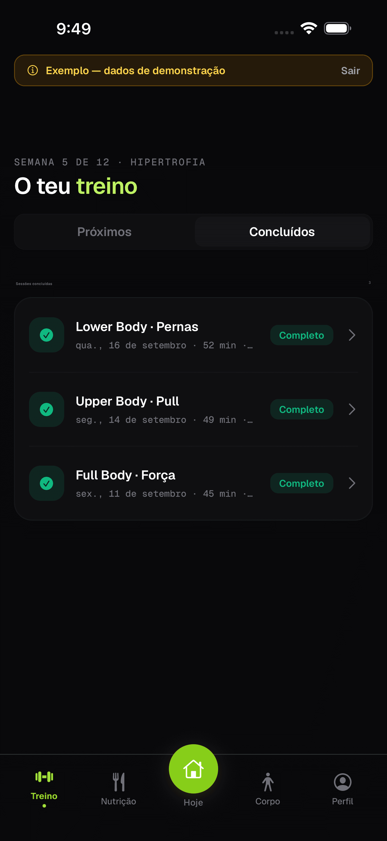 App do atleta com sessões concluídas e volume executado