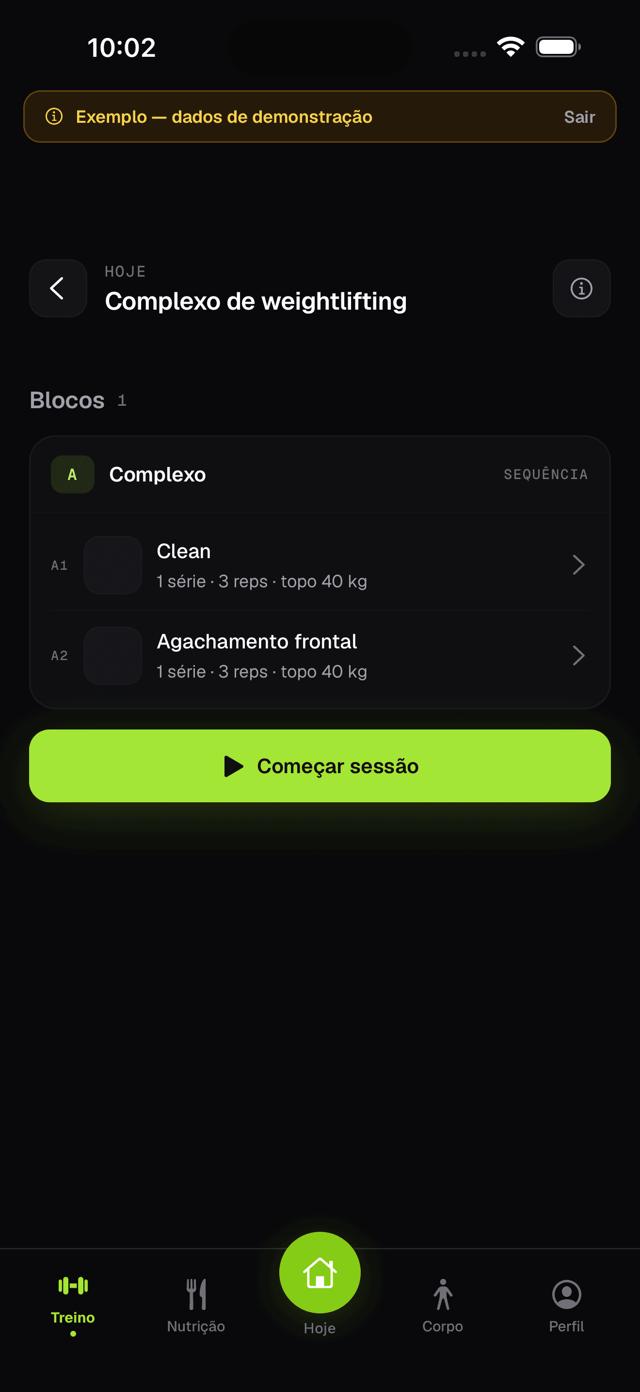 App móvel do atleta com uma sessão de treino em execução e registo de séries